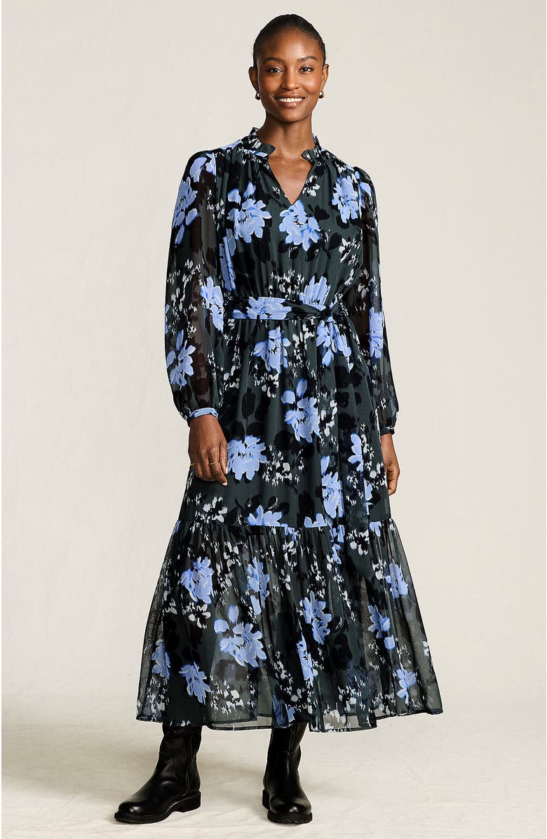 Lands' End Chiffon Tiered Long Sleeve Maxi Dress, Main, color, Evening Forest Painted Floral