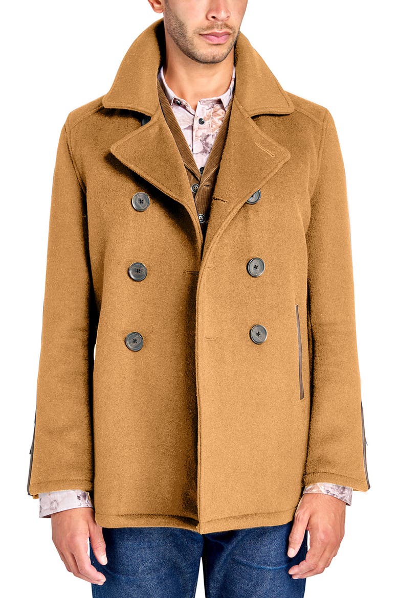 Tan Wool Double Breasted Peacoat, Main, color, CAMEL