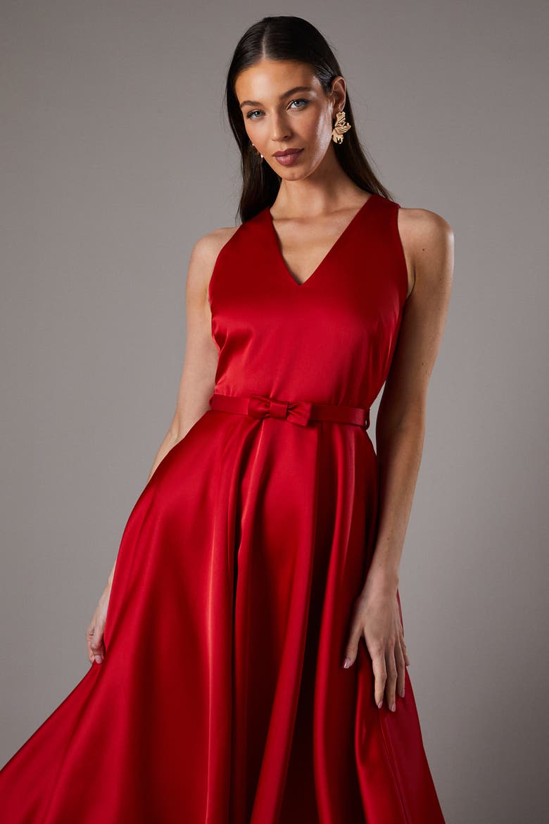 Bow Trim V-Neck Volume Skirt Midi Dress, Alternate, color, Red