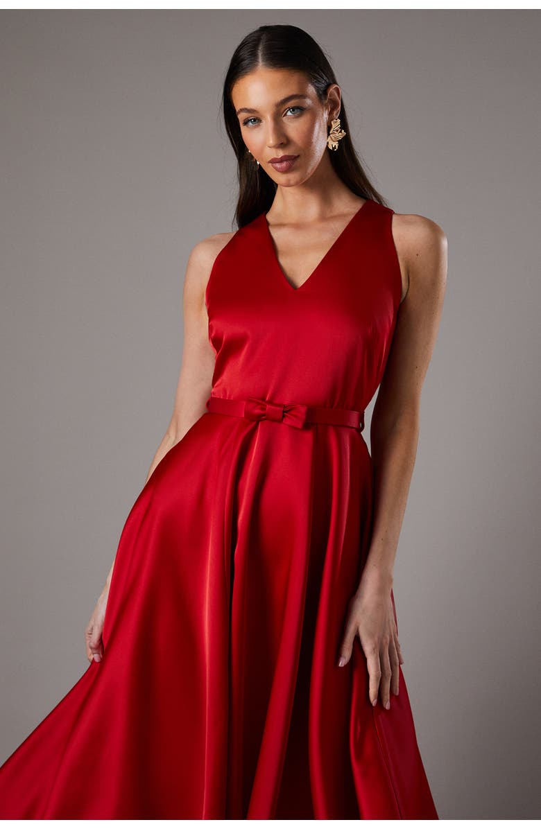 Coast Bow Trim V-Neck Volume Skirt Midi Dress, Alternate, color, Red