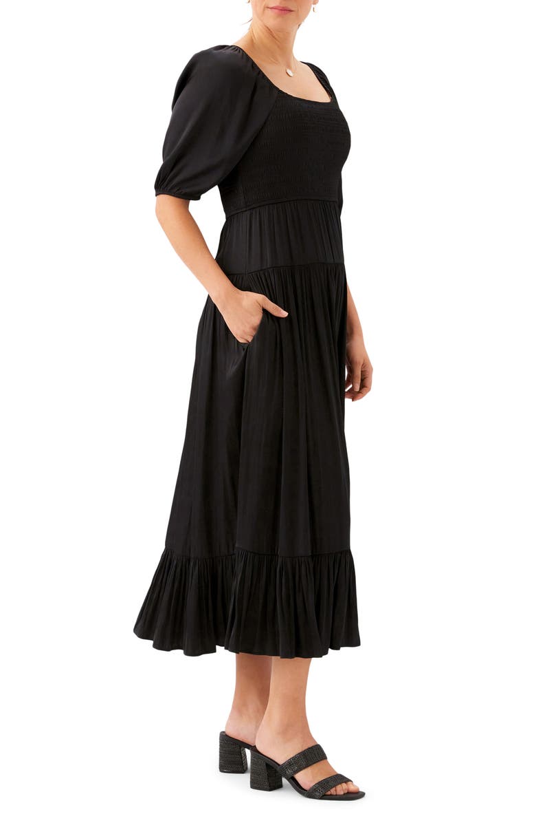 Karen Kane Smocked Puff Sleeve Midi Dress, Alternate, color, Black