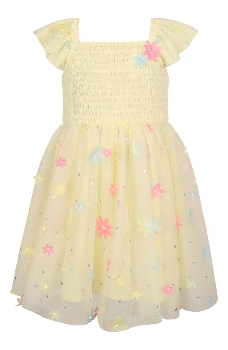 Zunie Kids' Floral Appliqué Mesh Dress, Main, color, Yellow