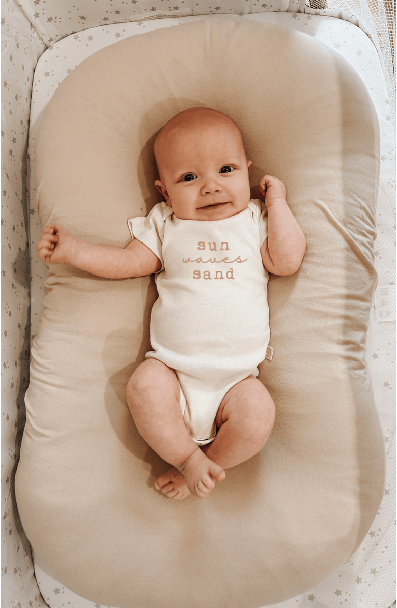 Tenth & Pine Sun Waves Sand - Organic Short Sleeve Baby Bodysuit, Alternate, color, Natural Clay Lettering