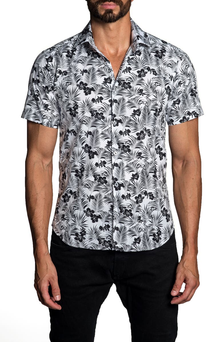Jared Lang Trim Fit Tropical Print Short Sleeve Button-Up Shirt, Main, color,