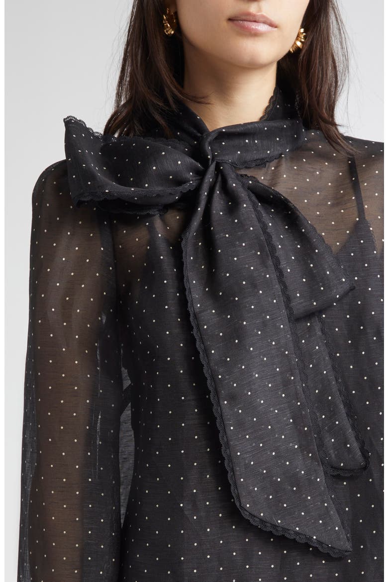 Dream Polka Dot Long Sleeve Pussy Bow Minidress, Alternate, color, BLACK DOT