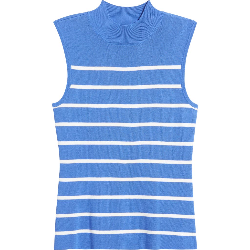 Tahari Asl Stripe Sleeveless Mock Neck Sweater In Pacific Blue Ivory