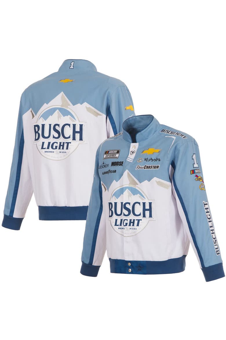 Men's JH Design White/Light Blue Ross Chastain Busch Light Full-Snap Twill Uniform Jacket, Main, color, White