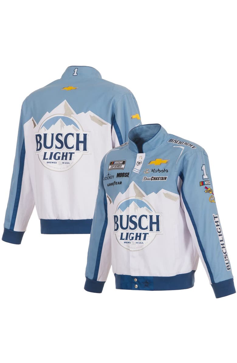 JH DESIGN Men's JH Design White/Light Blue Ross Chastain Busch Light Full-Snap Twill Uniform Jacket, Main, color, White