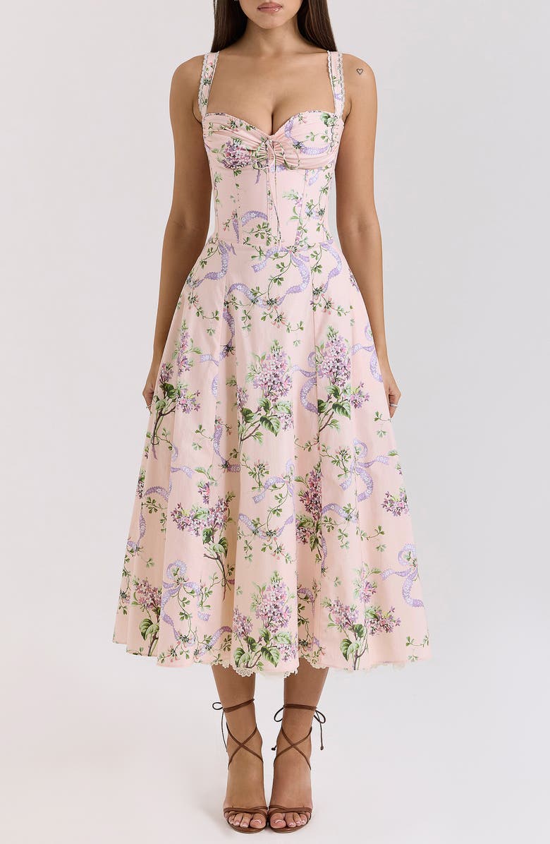 HOUSE OF CB Rosalee Floral Stretch Cotton Petticoat Dress, Main, color, Peach Floral Print