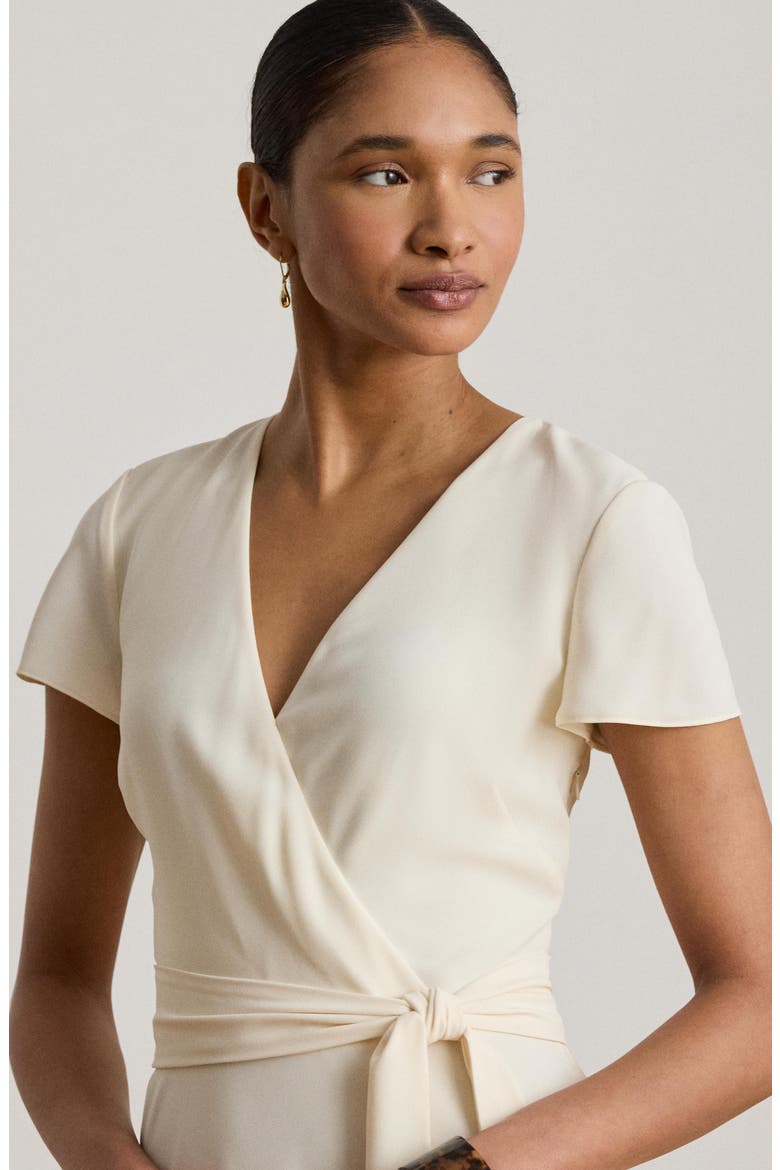 belted georgette short-sleeve dress Lauren Ralph Lauren Belted Georgette Surplice Dress Women's Dress Mascarpone Cream : 14, Polyester