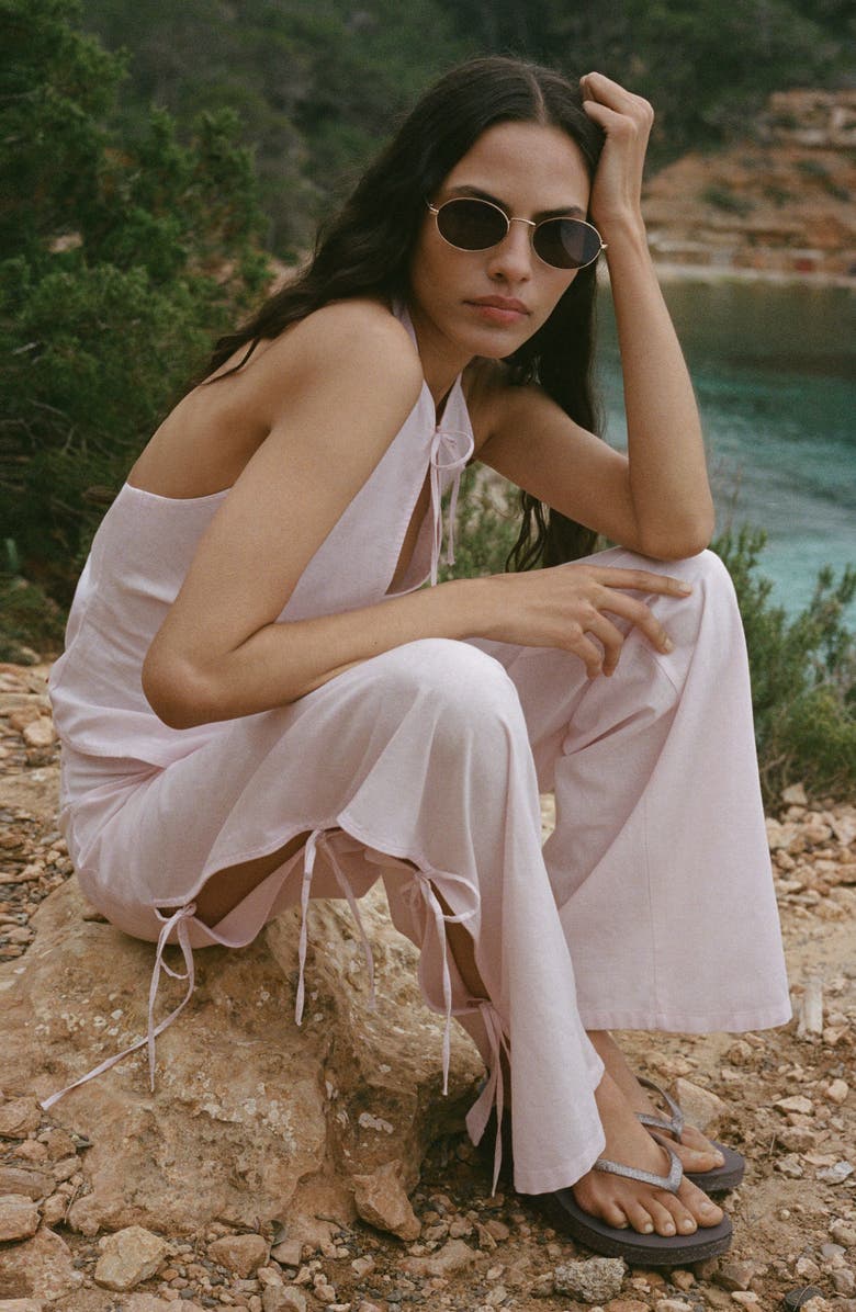 MANGO Side Tie Straight Leg Cotton & Linen Pants, Alternate, color, Pastel Pink