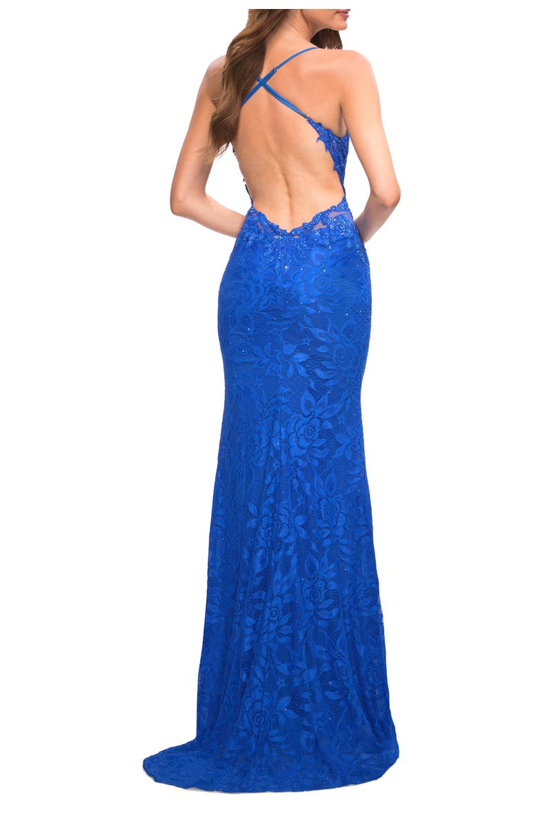 La Femme Lace Prom Dress with Illusion Embellished Sides, Alternate, color, Royal Blue