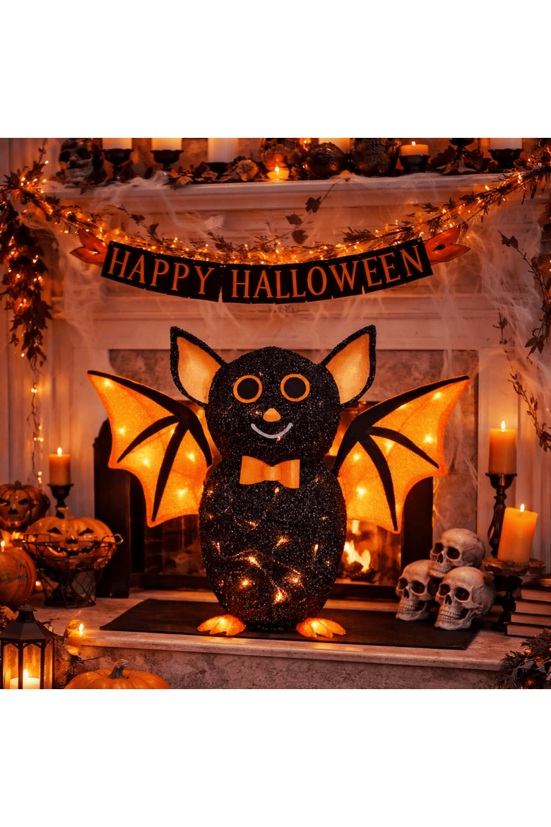 21" Black Halloween Bat with Orange Wings, Modern Indoor/Outdoor Decoration, Ground Freestanding, Halloween, Polyester, Black, Requires 3 AA Batteries, Alternate, color, Black