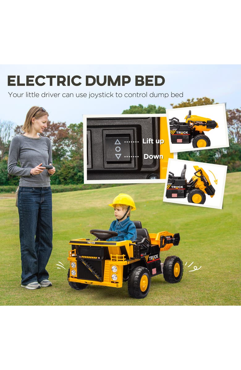 Qaba 12V Kids Ride on Dump Truck w/ Electric Dump Bed, Shovel, Alternate, color, Yellow