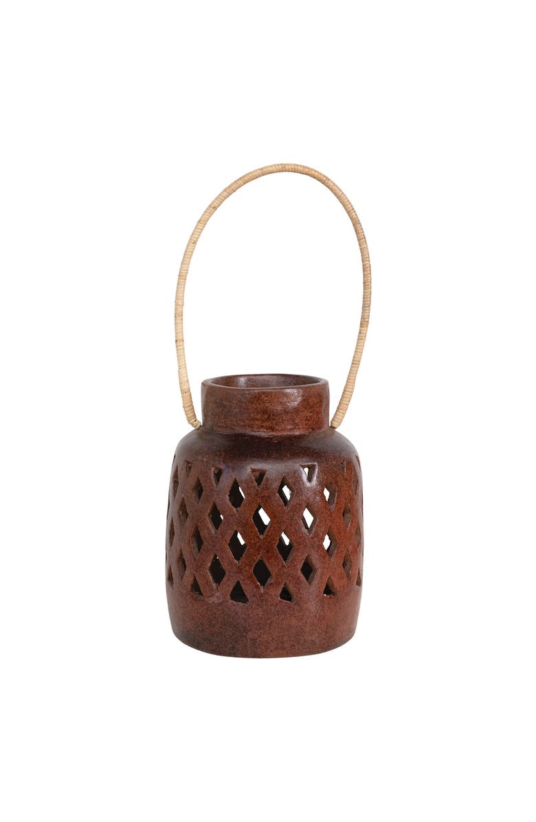Storied Home Handmade Terra-cotta Lantern with Cut-Outs and Rattan Wrapped Handle, Main, color, Red