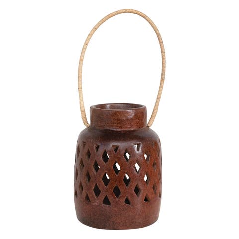 Handmade Terra-cotta Lantern with Cut-Outs and Rattan Wrapped Handle