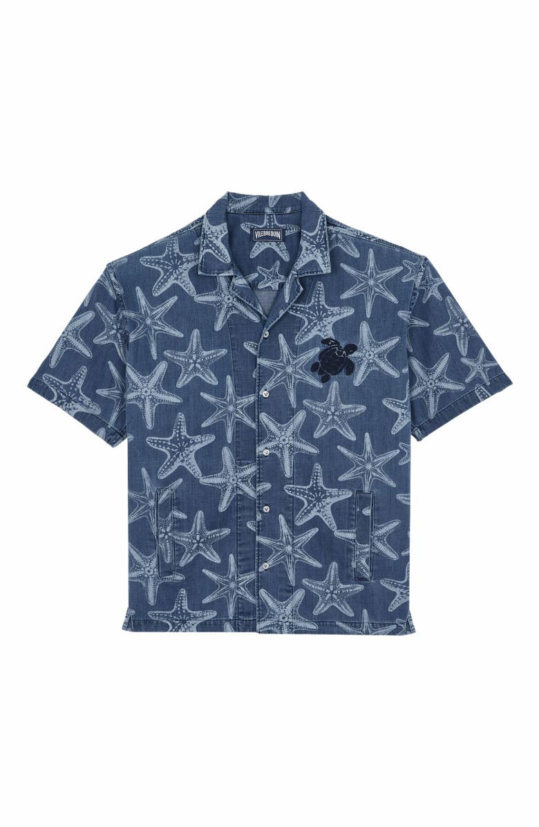 Vilebrequin Men's Starfish Light Printed Denim Bowling Shirt, Alternate, color, Bleach Denim W4