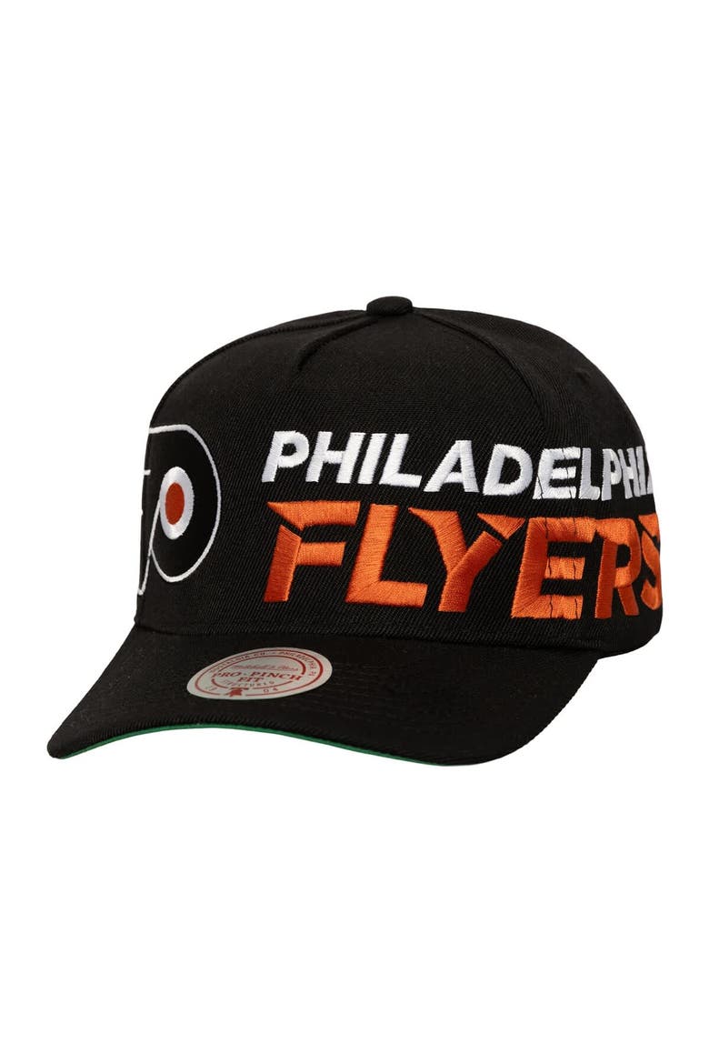 Men's Mitchell & Ness  Black Philadelphia Flyers Busted Logo Wordmark Wrap-Around Pro Pinch Adjustable Hat, Main, color, Black