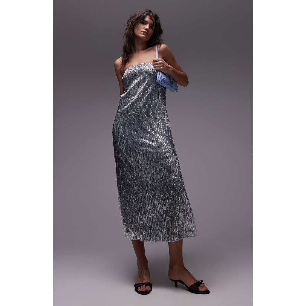 Topshop Sequin Fringe Strapless Midi Dress