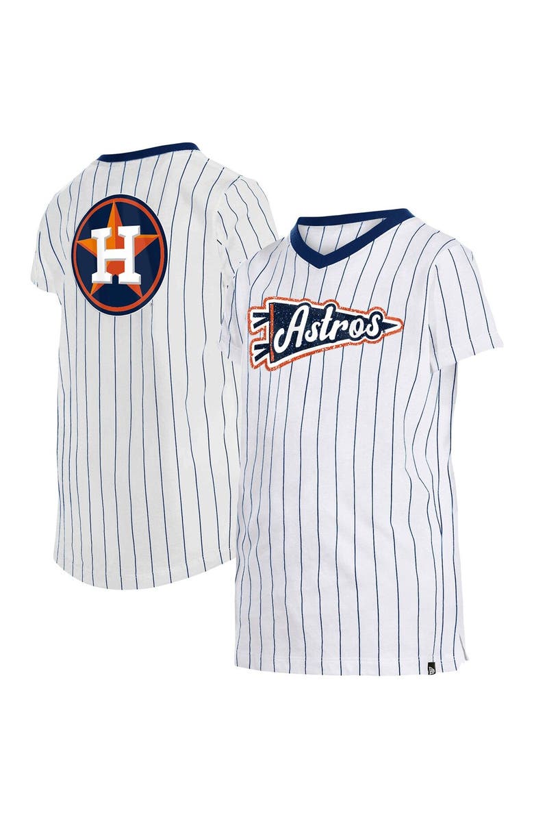 New Era Girls Youth New Era White Houston Astros Pinstripe V-Neck T-Shirt, Main, color, 