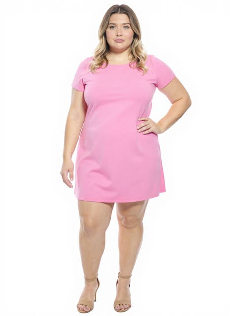 Plus Size Solid Short Sleeve Round Neck Mini Shift Dress