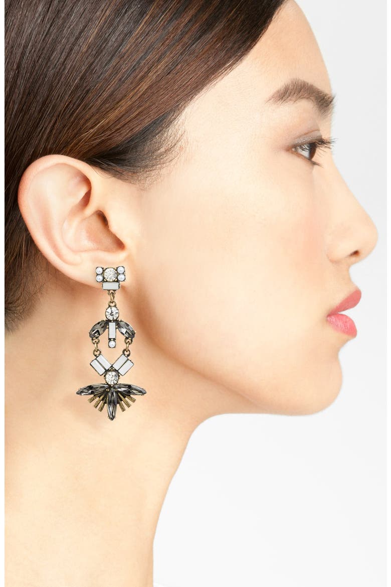 Fan Drop Earrings, Alternate, color, CRYSTAL/ BRASS OX