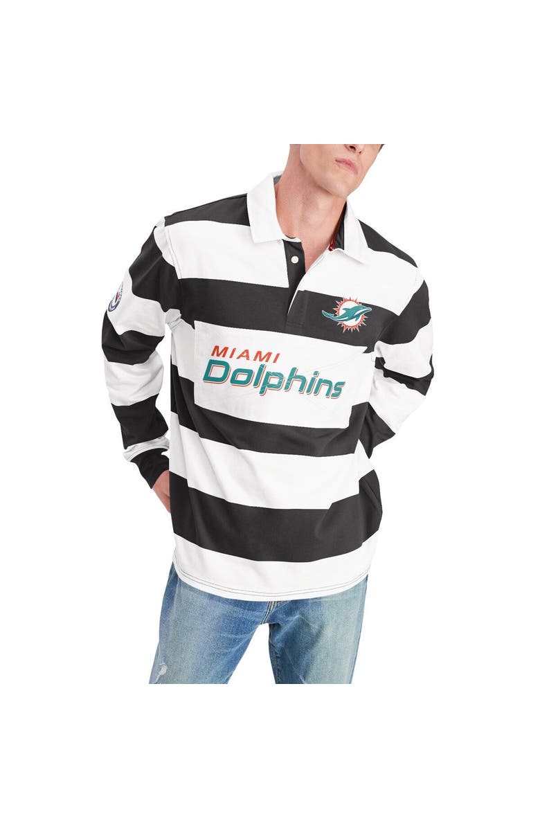 Tommy Hilfiger Men's Tommy Hilfiger Black/White Miami Dolphins Varsity Stripe Rugby Long Sleeve Polo, Alternate, color,