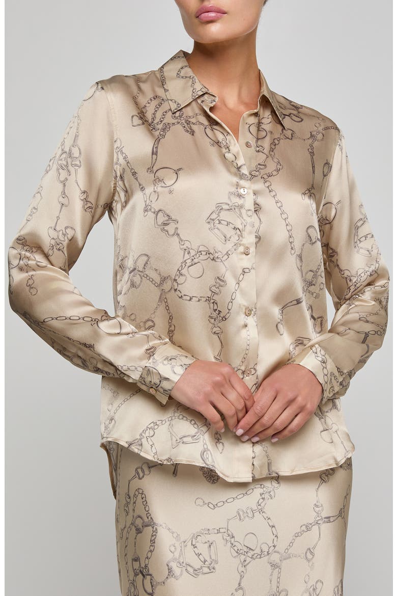 Tyler Long Sleeve Silk Button-Up Shirt, Alternate, color, SOFT MACADAMIA HORSEBIT CHAIN