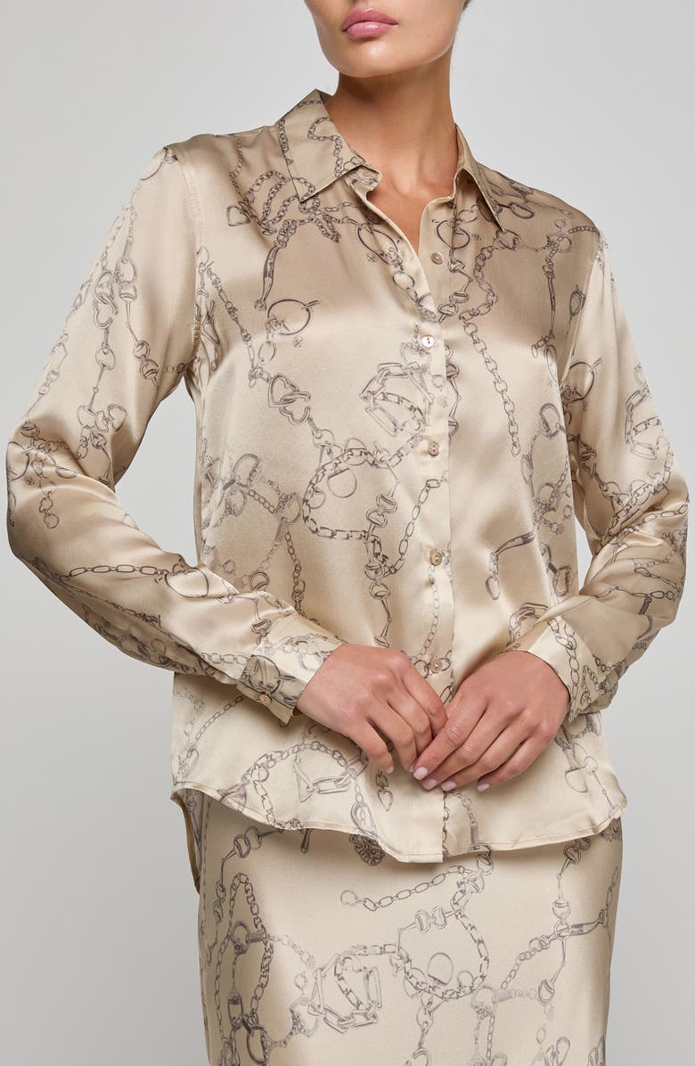 L'AGENCE Tyler Long Sleeve Silk Button-Up Shirt, Alternate, color, Soft Macadamia Horsebit Chain