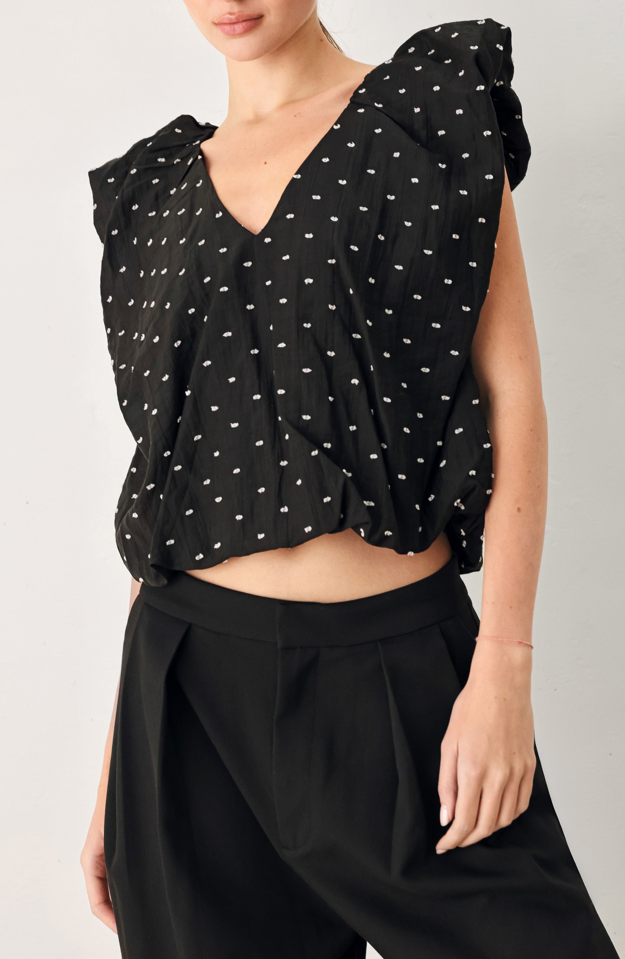 Textured Ruffle Shoulder Tencel Top