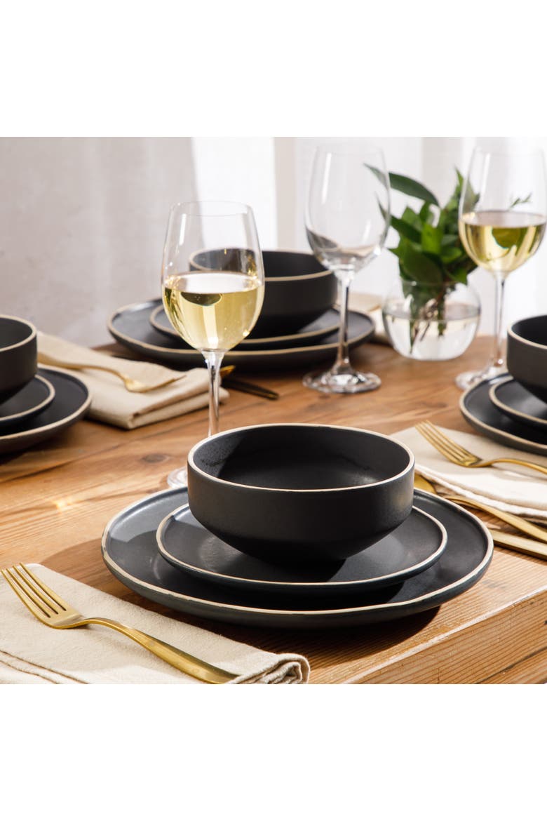 Plates and Bowls Set 12 Piece Matte Reactive Stoneware Dinnerware Set for 4, Alternate, color, Matte Black