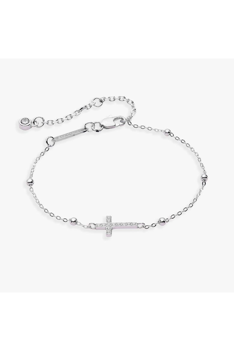 Cross Delicate Pave Crystal Beaded Strand Bracelet, Main, color, Silver