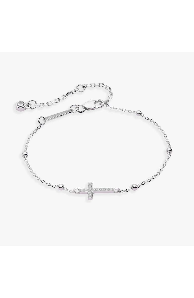 Alex and Ani Cross Delicate Pave Crystal Beaded Strand Bracelet, Main, color, Silver
