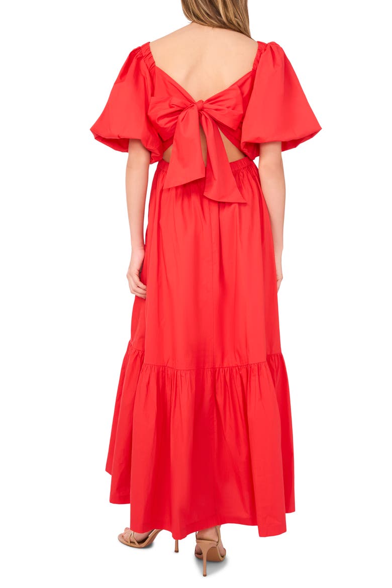Pleated Bodice Puff Sleeve Cotton Maxi Dress, Alternate, color, DEEP ROUGE