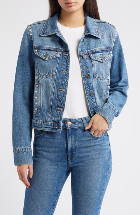 Faux Pearl Detail Denim Trucker Jacket