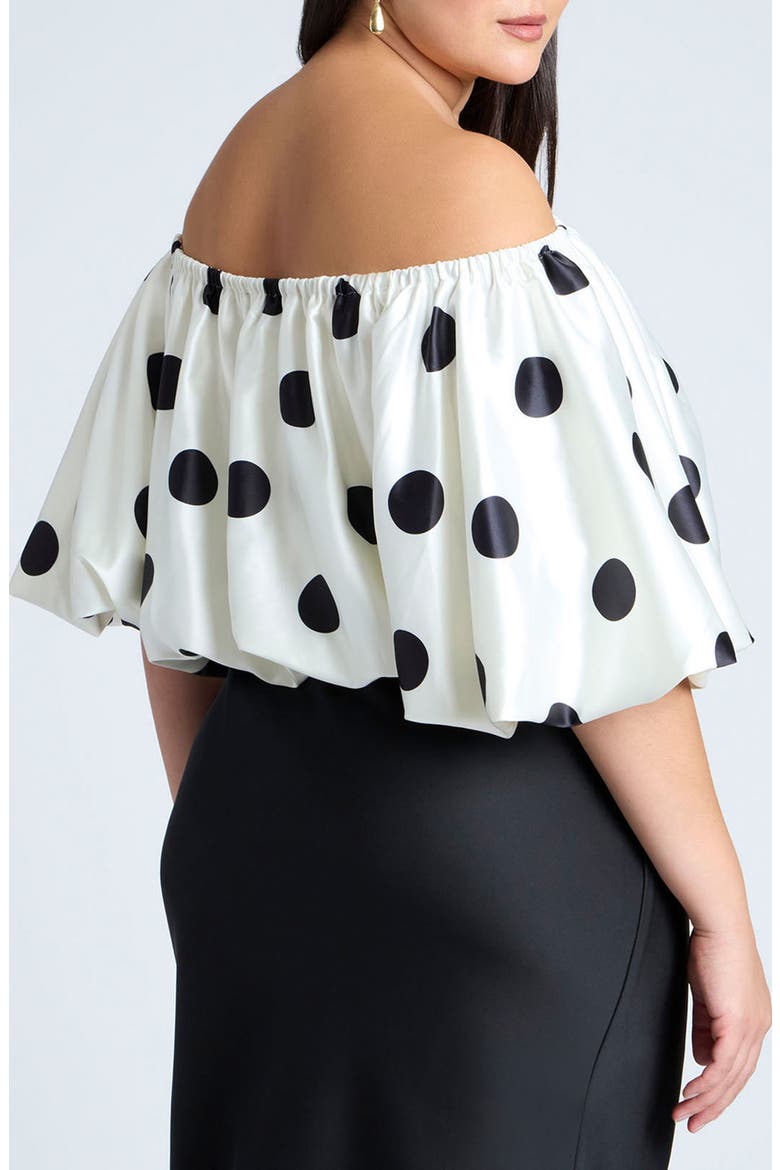 Polka Dot Off the Shoulder Satin Top, Alternate, color, BLACK AND WHITE