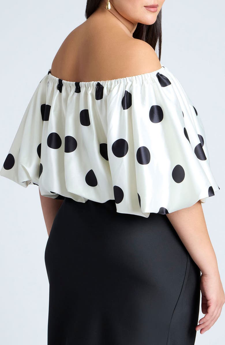 ELOQUII Polka Dot Off the Shoulder Satin Top, Alternate, color,