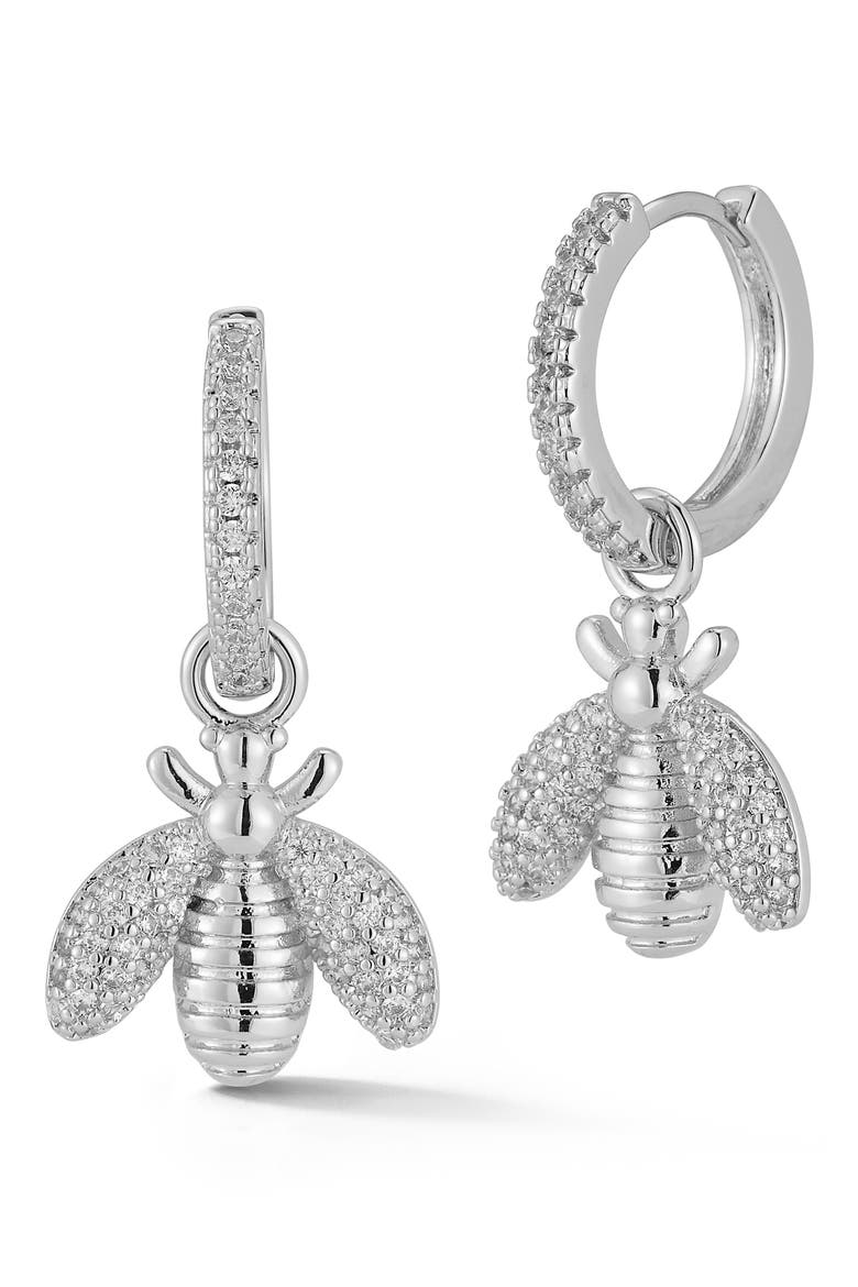 Cubic Zirconia Bee Drop Huggie Hoop Earrings, Main, color, SILVER