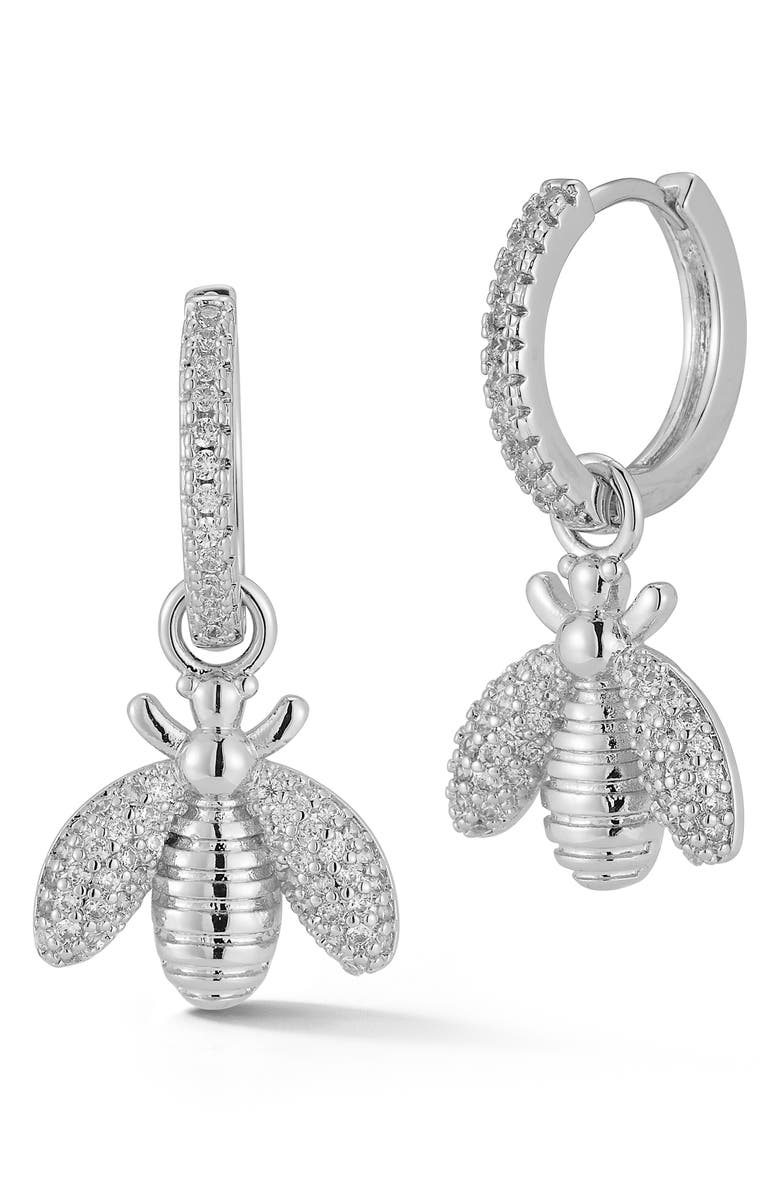 SPHERA MILANO Cubic Zirconia Bee Drop Huggie Hoop Earrings, Main, color, Silver