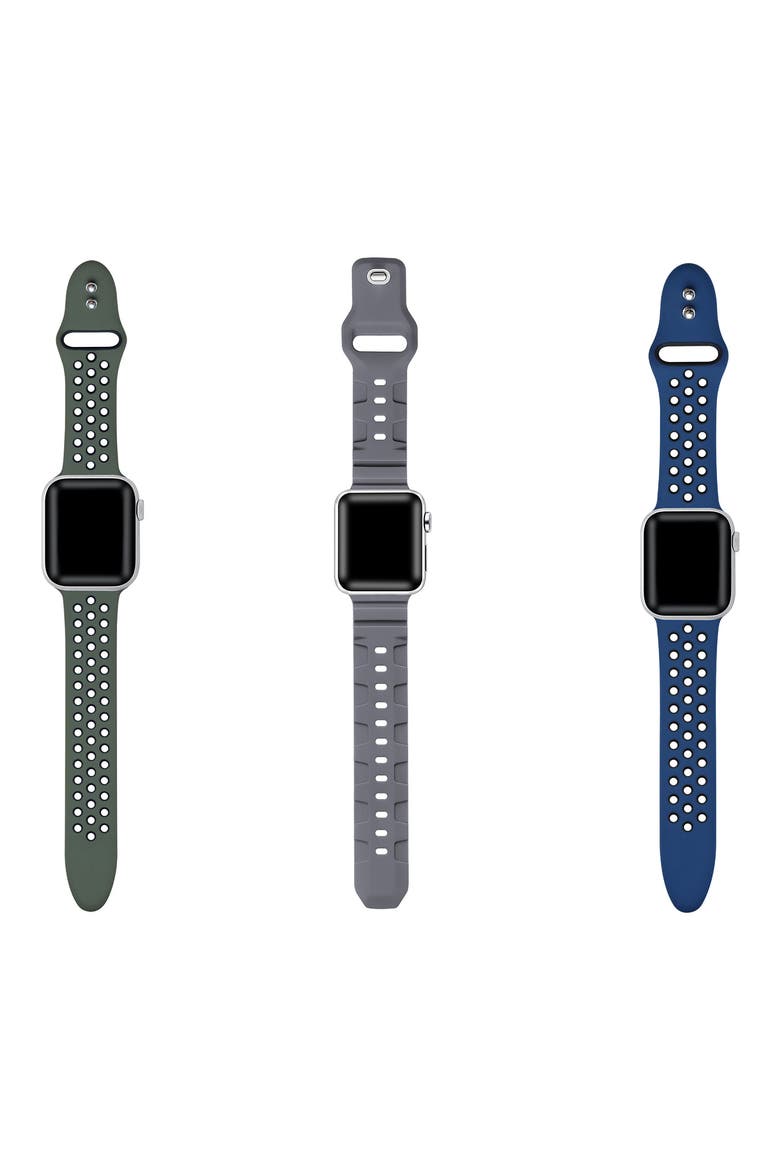 Assorted 3-Pack Silicone Apple Watch® Watchbands, Alternate, color, GREEN/ GREY/ BLUE ASSORTED