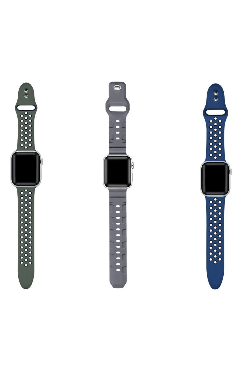 Posh Tech Assorted 3-Pack Silicone Apple Watch<sup>®</sup> Watchbands, Alternate, color, Green/ Grey/ Blue Assorted
