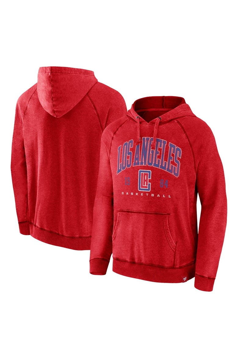 Men's Fanatics Heather Red LA Clippers Foul Trouble Snow Wash Raglan Pullover Hoodie, Main, color, Heather Red