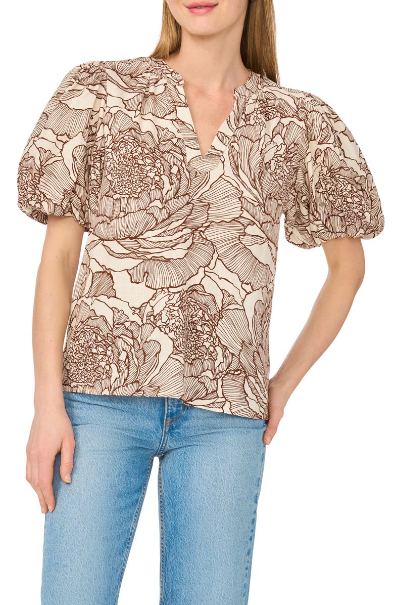 CeCe V-Neck Puff Sleeve Top, Main, color, White Asparagus