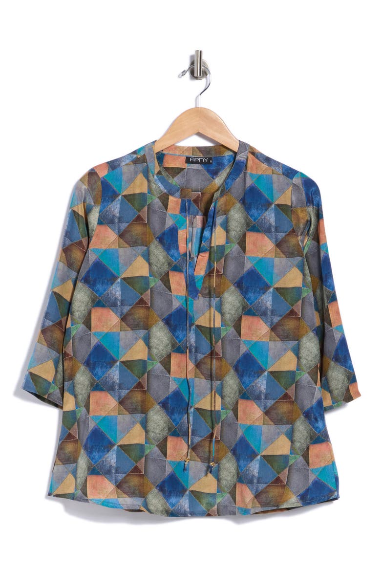 Geometric Print Mandarin Collar Shift Top, Alternate, color, BLUE/ ORANGE MULTI