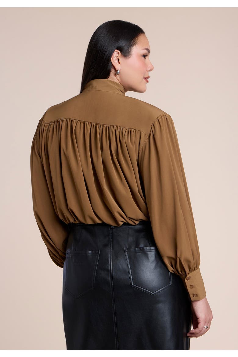 Power Shoulder Cropped Blouse With Neck Tie, Alternate, color, COCO MOCHA
