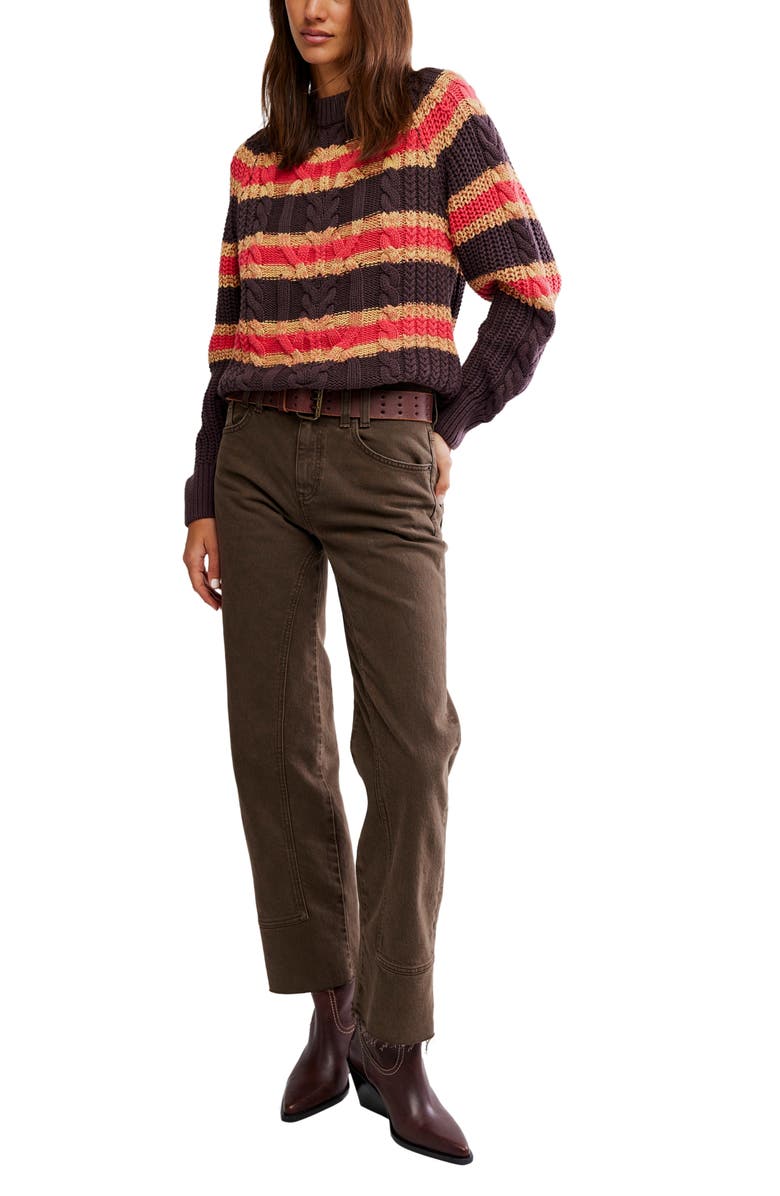 Free People Frankie Stripe Cable Stitch Cotton Sweater, Alternate, color, Chocolate Combo