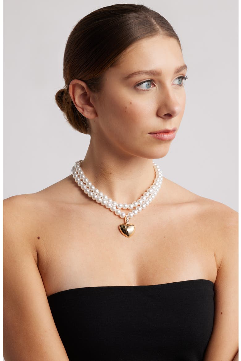 Faux Pearl Layered Heart Charm Necklace, Alternate, color, WHITE- GOLD