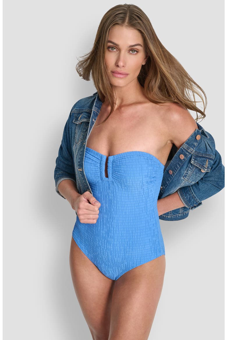 U-Wire Bandeau One-Piece Swimsuit, Alternate, color, HAMPTON BLUE TEXTURE