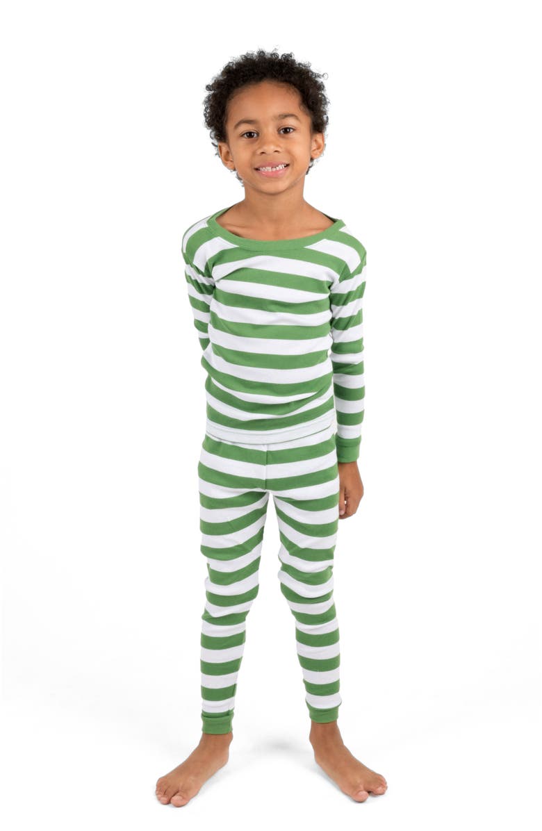 Leveret Kids Two-Piece Striped Cotton Matching Family Holiday Pajamas, Main, color, Green & White
