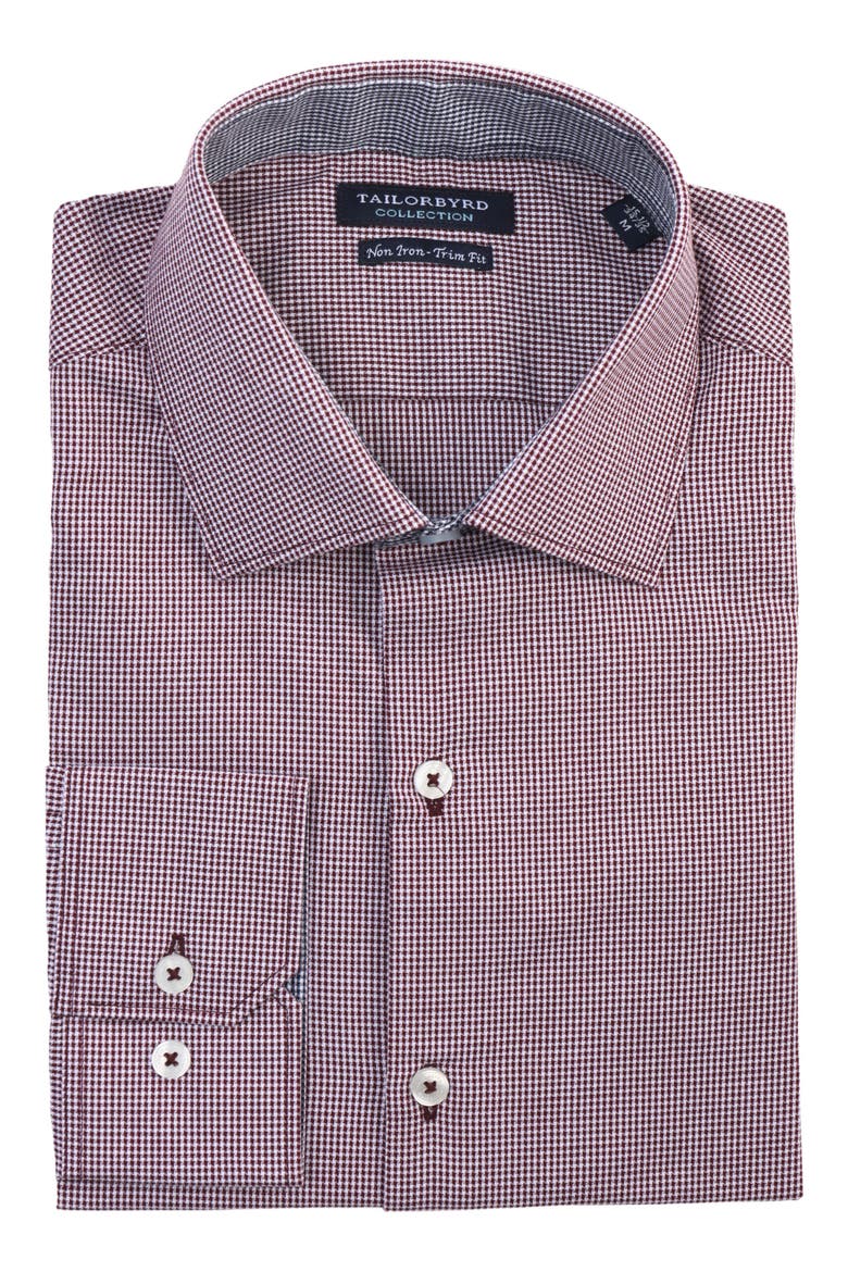 Trim Fit Dobby Mini Gingham Non-Iron Stretch Dress Shirt, Alternate, color, BURGUNDY